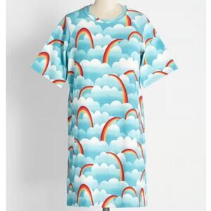 NWT ModCloth On Cloud Mine T-Shirt Dress Rainbow Sea Blue Clouds Size Medium